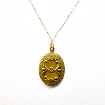 Vintage Brass Repousse Oval Pendant on Delicate Gold Tone Chain Necklace - £25.13 GBP