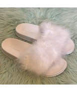 INC International Concepts Sandal Slides Sz 9 / 10 White Fluffy Faux Mar... - $40.74 CAD