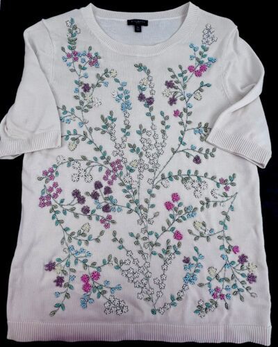 Primary image for Talbots Women’s Cream Short Sleeve Knit Blouse Embroidered Beaded Flowers SP