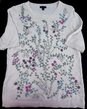 Talbots Women’s Cream Short Sleeve Knit Blouse Embroidered Beaded Flowers SP - £23.52 GBP