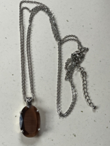 Estate Long Double Silvertone Chain w Large Oval Faceted Brown Moonglow Pendant - £10.29 GBP