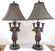 Matched Pair Blackamoor Sculpture Table Lamps Polychrome Wood Figure with Shade - £474.02 GBP
