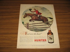 1947 Print Ad Hunter Blended Whiskey Man on Horse Jumps Wooden Fence - $15.38