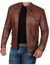 Brown Leather Jacket Cafe Racer Real Lambskin Leather Distressed Biker Jacket 20 - £113.88 GBP