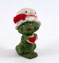 Lefton Mini Frog Figurine Porcelain Holding a Heart Wearing a Red Polka Dot Cap - £8.78 GBP