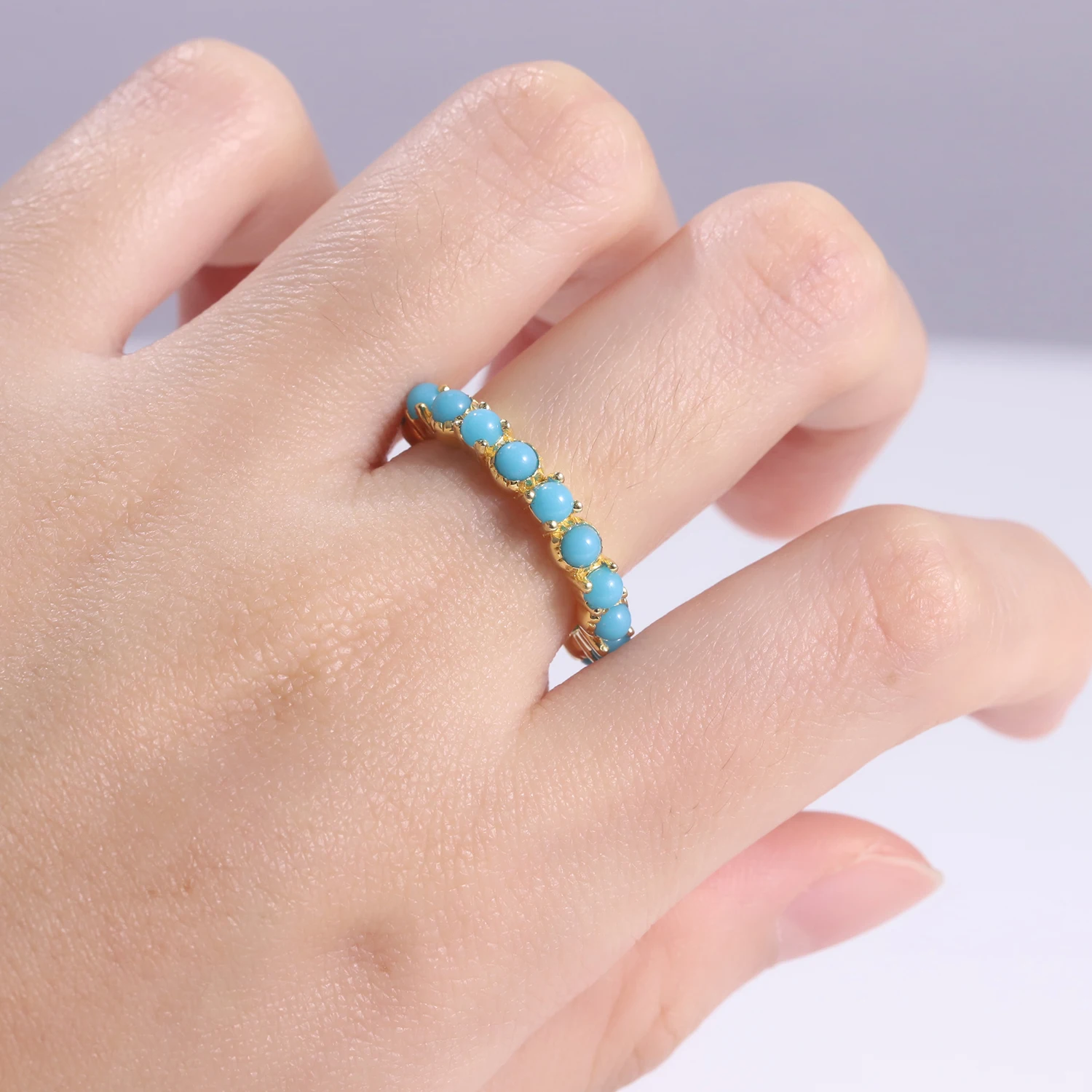 Lab Turquoise Bubble Rings 14K Gold Filled 925 Sterling Silver Half Eternity Rin - £43.24 GBP