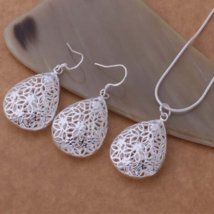 Filigree Puffy Teardrop Pendant Necklace and Earrings Set Sterling Silver - £11.15 GBP