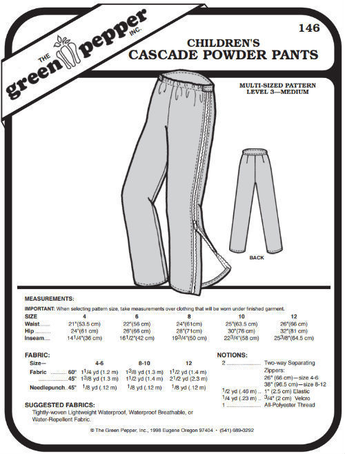 Children's Cascade Powder Snow Pants Kids #146 (Sewing Pattern Only) gp146 - $6.00