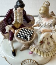 ANTIQUE DRESDEN FRANKENTHAL COUPLE PLAYING CHESS LACE GERMAN PORCELAIN F... - $372.60