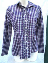 Lands&#39; End Crisp Cotton Ruffle Front Purple Plaid Blouse Top Shirt Womens 10 Pet - £19.02 GBP
