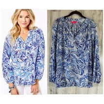 Lilly Pulitzer Blue Elsa Popover Blouse Sz Medium Don’t Be Jelly Blue White Silk - £37.15 GBP