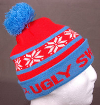 Ugly Sweater Run Winter Hat-Blue Red-Pom-Snowflake-Toque-Beanie-Tobogan-... - $9.48