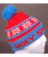 Ugly Sweater Run Winter Hat-Blue Red-Pom-Snowflake-Toque-Beanie-Tobogan-... - $9.48