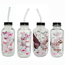 Butterfly Clear Glass Square Bottle Cup 16 oz UV DTF Pink Design Glass Straw - £14.18 GBP