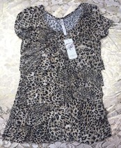 Andrea Missy Leopard Animal Print Top Blouse Sz S Long Ruffles S/S - £24.71 GBP