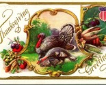 Vtg Postcard Embossed Thanksgiving Greetings - Turkeys - Unused Gilded - $6.88