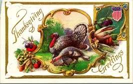 Vtg Postcard Embossed Thanksgiving Greetings - Turkeys - Unused Gilded - £5.42 GBP