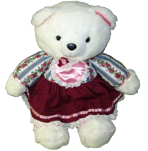 1986 K Mart Teddy Plush Vintage Bear 22" Large White Burgundy Pink Floral Dress - £27.97 GBP