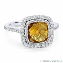 2.68ct Cushion Cut Citrine &amp; Diamond Pave Halo Right-Hand Ring in 14k White Gold - £865.53 GBP