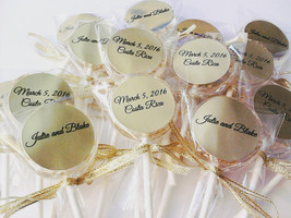 100 WEDDING LOLLIPOPS with Gold Edible Crystals, Ribbon, and Personalize... - $159.99