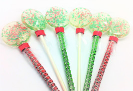 12- FUN POP LOLLIPOPS with Edible Red and Green Crystals - Holiday Favors, Stock - £11.93 GBP