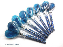 12 BLUE HEART Lollipops -Faux Rhinestone Stick, Wedding Bridal Lollipop Favors,  - £19.51 GBP