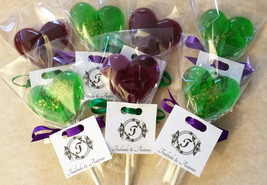 12 - 2 INCH HEART LOLLIPOPS with Personalized Monogram Tags, Satin Ribbon, and E - £18.37 GBP