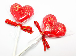 12 - 2 Inch Heart Lollipops With Satin Gold Edge Ribbon, And Edible Gold Glitter - £15.98 GBP