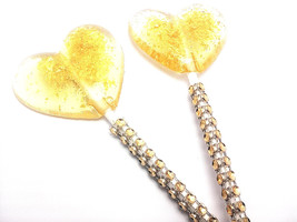 12 - Clear Heart Lollipops With Edible Gold Glitter - Wedding, Bridal Shower, An - £13.53 GBP