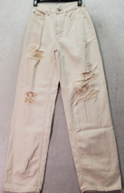 BDG Baggy Jeans Women&#39;s 25 Cream Denim Distressed High Rise Pockets Straight Leg - £19.56 GBP