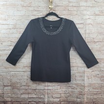 Style &amp; Co Women&#39;s Top Blouse PM Black Bedazzled Neckline 3/4 Sleeve Stretch - £10.59 GBP