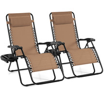 2Pc Zero Gravity Chairs Lounge Patio Folding Recliner Beige W/Cup Holder - £133.54 GBP
