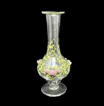 VTG Art Glass Bud Vase CLEAR Hand Blown W Applied Pink Roses France 1970... - £52.46 GBP