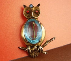 huge sterling pin - blue Jelly belly Owl Brooch - vintage bird pin Figural fine  - £136.89 GBP