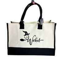 Wicked Witch Canvas Tote Bag Black &amp; Ivory Halloween Witch Broom Spell B... - $18.65