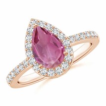 ANGARA Pear Pink Tourmaline Ring with Diamond Halo for Women in 14K Solid Gold - £1,145.89 GBP
