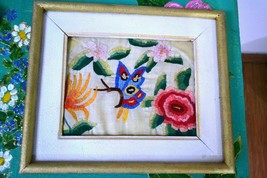 Vintage Hand Embroidered Linen Picture Flowers and a Butterfly - $19.70