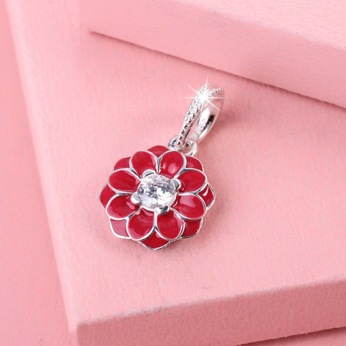 925 Sterling Silver Oriental Bloom Dangle Charm Bead with Red Enamel