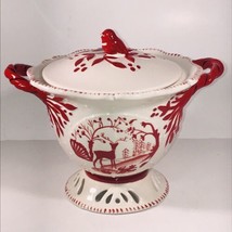 2012 Blue Sky Heather Goldminc Red Handled Footed Bowl w/ Lid Bird &amp; Dee... - $49.19