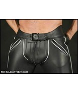 Men&#39;s Real Black Leather Pants White Piping  Gay Cowhide BLUF Soft Trous... - $115.60