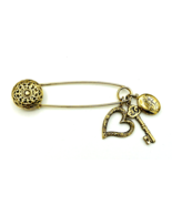 Gold Tone Safety Pin Locket Heart Key Charm - $15.84
