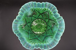 Antique Green Opalescent Reflecting Optic Bowl Ruffled Crimped Edges Car... - $49.99