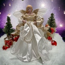 Angel Tree Topper 20&quot; Tall White Feather Wings Satin Robe Sash Gold Blouse Trim - £39.96 GBP