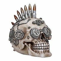 Bullet Ammo Mohawk Punk Rock Steampunk Skull Figurine With Painted Gearwork 7&#39;L - £20.09 GBP