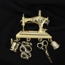 Danecraft Brooch Gold Tone Sewing Machine 2.75&quot; x 1.75&quot; Thimble Scissor ... - $18.61