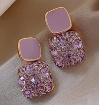 Vibrant Art Deco Purple Square Rhinestone Dangle Drop Earrings for Women - £7.47 GBP