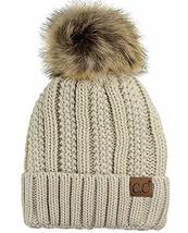 CC Quality Women&#39;s Faux Fur Pom Pom Fuzzy Fleece Lined Slouchy Skull Thick Cable - £17.54 GBP