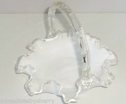Fenton Basket White Milk Glass Silvercrest Reed Handle Ruffled 7 1/2&quot; Vintage - £39.58 GBP