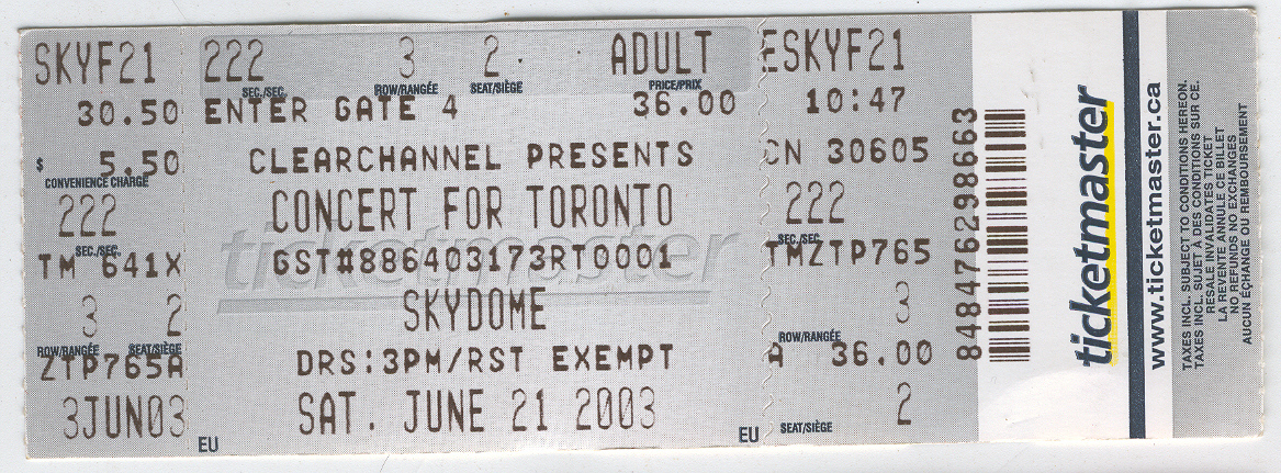 Concert For Toronto 2003 Ticket Stub Tragically Hip SARS CONCERTS  - $14.75
