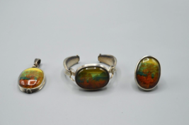 Barse Jewelry Set Pendant Bangle Ring 925 Stamp Thailand Tree Landscape Cabochon - £167.36 GBP